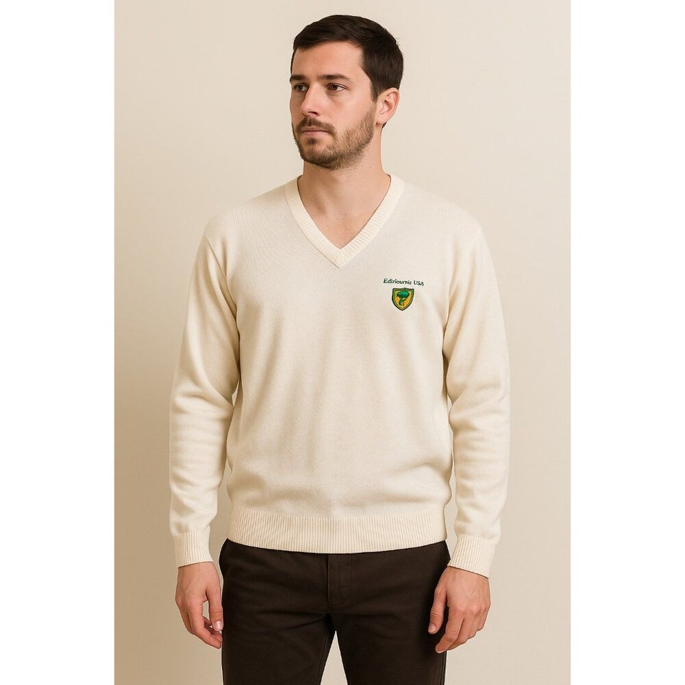 Aureus Vintage Cream V-Neck Golf Sweater “Edinburgh USA” Embroidered Logo